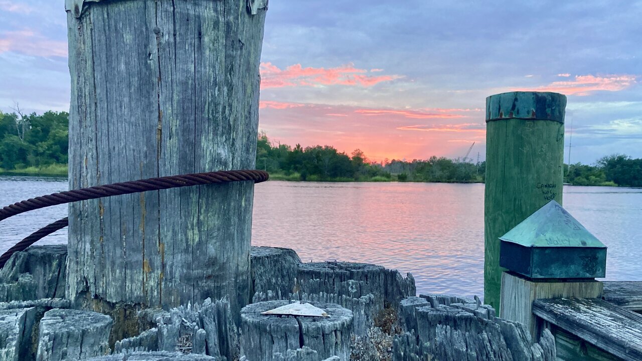 Dock pilings at sunset on the Cape Fear River